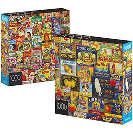 Spin Master Games, Rompecabezas de 1000 Piezas, Paquete de 2, Etiquetas Retro de cómics y Frutas, Rompecabezas para niños de 8 años en adelante