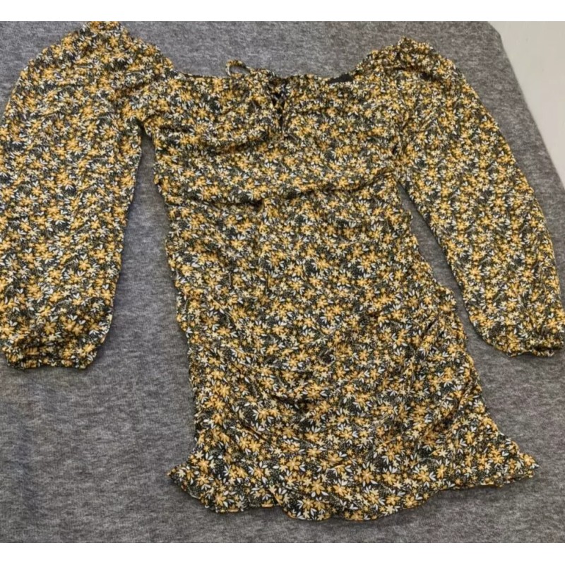 Lush Black Ruched Sheath Mini Dress, Yellow Sweetheart Ruffle Dress