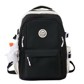 Cute Smiley Face School Backpack, Black and White, Multiple Compartments with Plush Charm
