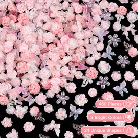 460 Pieces Dreamy Rose Camellia Flower Nail Charms 3D Cute Butterfly Bow Charms for Nails, Pink Black Stamen Nail Supplies for Women Nail Art Design DIY Crafts Jewel Accessories (Pink)
