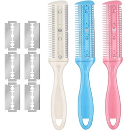 Maitys 3 Pcs Haircut Razor Comb Hair Cutting Comb with 12 Replacement Blades Double Edge Shaper for Salon & Home Styling Split Ends Trimmer Styler for Thick and Thin Hair (White, Pink, Blue)