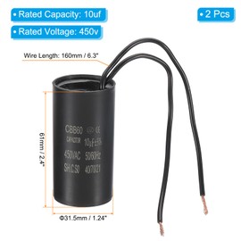 PATIKIL 10uf CBB60 Run Capacitor, 2 Pcs AC 450V 2 Wires 50/60Hz Motor Running Capacitor 61x31.5x61, Black