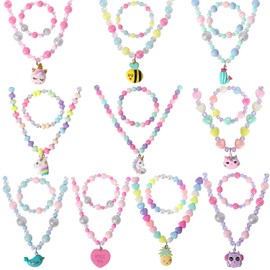 PinkSheep Jewelry Sets Beaded Necklace and Beads Bracelet for Kids Girls 10 Sets Unicorn Cat Bird Owl Necklace and Beads Little Favors Bags for Girls Princess Dress Up Pretend Play