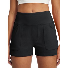 Baleaf - Pantalones cortos de yoga de 2.5 pulgadas con cuatro bolsillos, pantalones cortos casuales de cintura alta, elásticos para correr, Negro -, X-Small