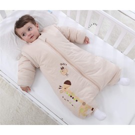 Chilsuessy Baby Winter Sleeping Bag with Feet and Removable Long Sleeve Pyjamas Made of Organic Cotton Small Children's Sleeping Bag for Baby 1 to 6 Years Soft, Beige, 85 cm