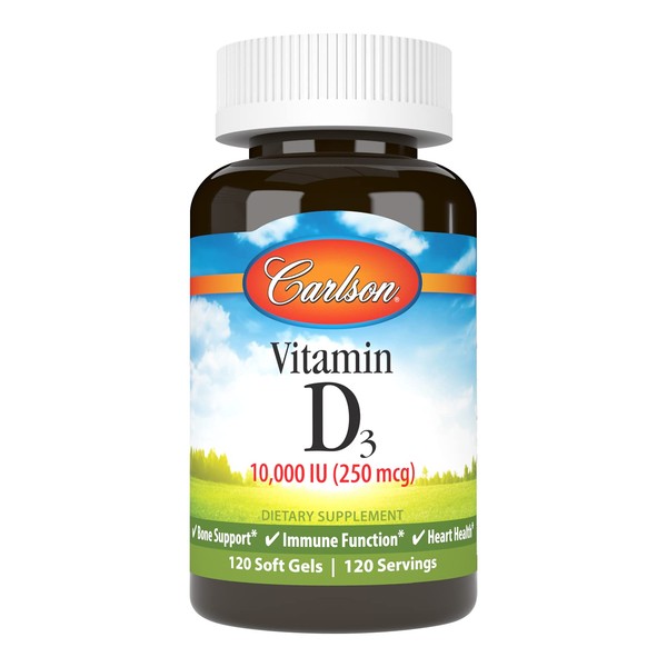 Carlson - Vitamin D3, 10000 IU (250 mcg), Vitamin D Supplements, Bone & Immune Support, Vitamin D3 Softgels, Heart Health, Gluten Free Vitamin D Capsules, 120 Softgels