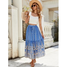 SotRong Womens Floral Print Bohemian Maxi Skirt with Drawstring Waist Middle Slit Elastic Waist Long Skirt Vintage Boho Summer Beach Gypsy Festival Skirt for Vacation Holiday Blue M