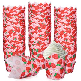 Whaline 200Pcs Strawberry Tulip Cupcake Liners Strawberry Muffin Tulip Baking Cups Red Pink Fruit Theme Tulip Cupcake Wrappers for Summer Wedding Baby Shower Birthday Party Decor