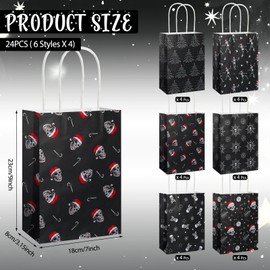 Janlaugh 24 Pcs Gothic Christmas Gift Bags with Handles 7 x 9'' Skull Skeleton Snowflake Xmas Tree Holiday Party Favors Bulk Kraft Paper Bags for Goody Candy Wrapping Dark Festive Decorations