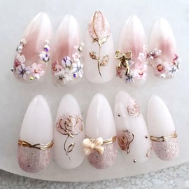 Colorful Flower False Nails Medium Almond Tip 3D Gold Rose Glitter Rhinestones with Bow Unique Stick on Nail Press on Nails Artificial Acrylic Fingernails Reusable Coffin for Women Manicure 24Pcs