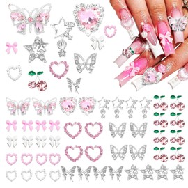 Cosmeria Y2K Nail Charms Set, 48 Pieces, with Hearts, Butterflies, Bows and Stars, Perfect for Creative Nail Art and Trendy Manicure Looks