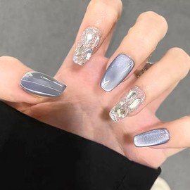 COLORBIRD Nail Tips, Short, 24 Pieces, Blue, Magnetic Nails, False Nail Tips, Short, Cute, Ballerina (MY047)