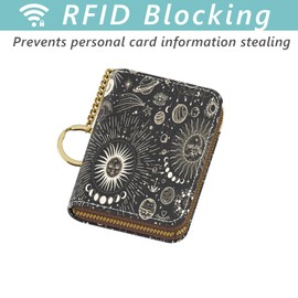 Tiexcnia RFID Credit Card Holder, Small Card Holder Wallet with Keychain Zipper, Leather Card Case Wallet for Women, Sun God