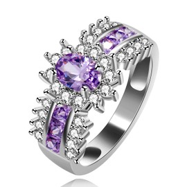 Uloveido Silver Color Simulated Amethyst Oval Purple Rings for Women Wedding Promise Ring for Her Girls (Size 6, Purple) J560