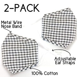 Humble Chic Breathable Cloth Face Mask - 3-Ply Reusable Washable and Adjustable, 2-Pack: Soft Black Check, Dark Grey, Charcoal Gray, Buffalo Plaid, White 2-Pack