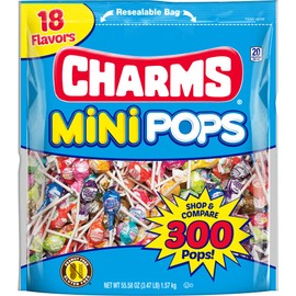 Tootsie Roll Charms Mini Pops, 18 Flavors, Individually Wrapped, Peanut Free, Gluten Free, 300 Count, 1-Pack