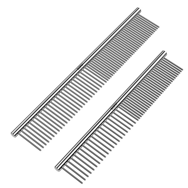 CWXZSTM Pet Steel Combs Dog Cat Comb Tool for Removing Matted Fur - Pet Dematting Comb with Rounded Teeth and Non-Slip Grip Handle - Prevents Knots and Mats for Long and Short Haired Pets,6.5IN/7.4IN