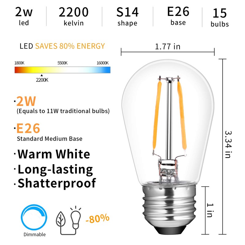 ECOVANIA Upgrade IP65 Waterproof Outdoor String Light Bulbs, 2W LED