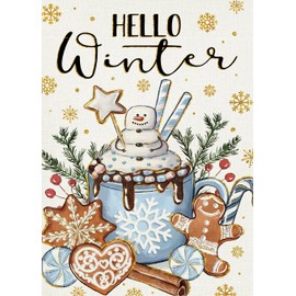 Covido Hello Winter Hot Cocoa Decorative Garden Flag, Snowman Gingerbread Cookie Candy Red Berry Gold Snowflakes Yard Outside Decorations, Blue Christmas Outdoor Small Home Decor Double Sided 12x18