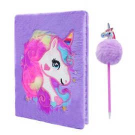 Cyiecw Plush Unicorn Notebook, Magic Diary for Girls Lovely Unicorn Fluffy Notebook 160 Pages for Writing and Drawing Birthday Christmas Gifts for Girls (purple)