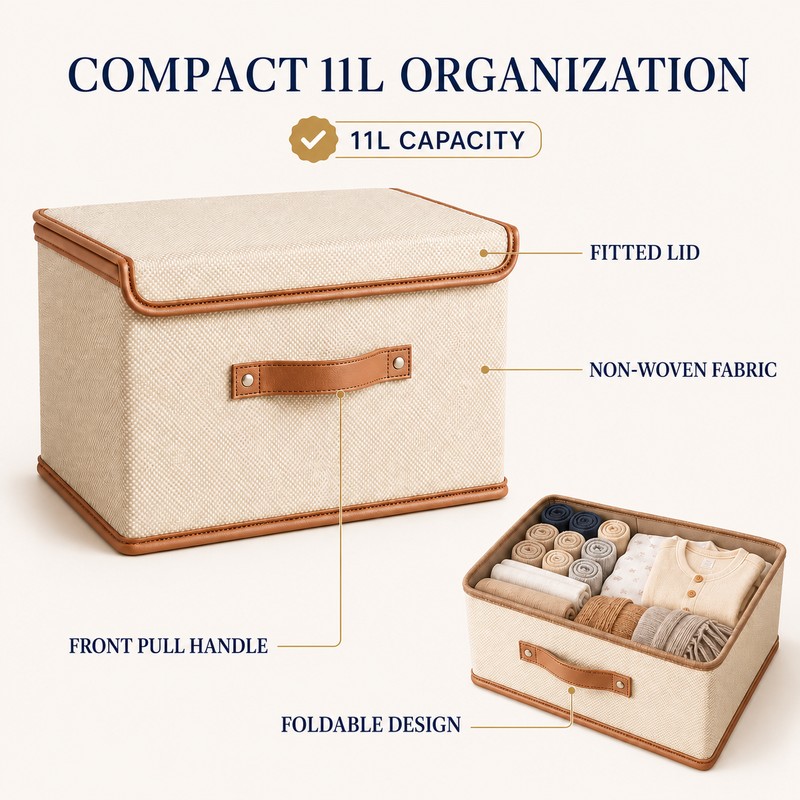 11L Beige Non-Woven Fabric Clothes Storage Box with Lid, Wardrobe