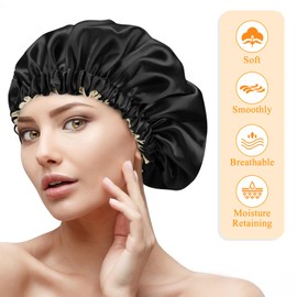 TEWIN Adjustable Silk Bonnet Sleeping Cap for Women Extra Large Reversible Breathable Satin Cap Sleeping Curly Natural Hair (CA/US, Alpha, One Size, Black, Sleeping Satin Bonnet