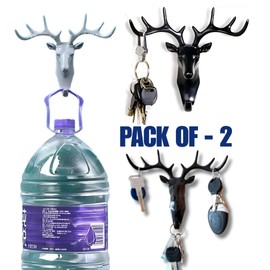PACK OF 2 - Designer Wall Mount Deer Head Hanger,Trendy Adhesive Key Holder for Office & Home | Multi-Functional 9-Hook Organizer for Keys, Coats, Hats, Clothes, Pet Leash, Umbrellas | No-Drill Design