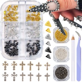 DANNEASY 3D Mini Metllic Punk Nail Art Studs Goth Cross Nail Charms Mixed Sizes Gold Silver Black Cone Spikes Alloy Rivets Jewelry Steel Balls Caviar Beads Jewels for Women Manicure Decorations