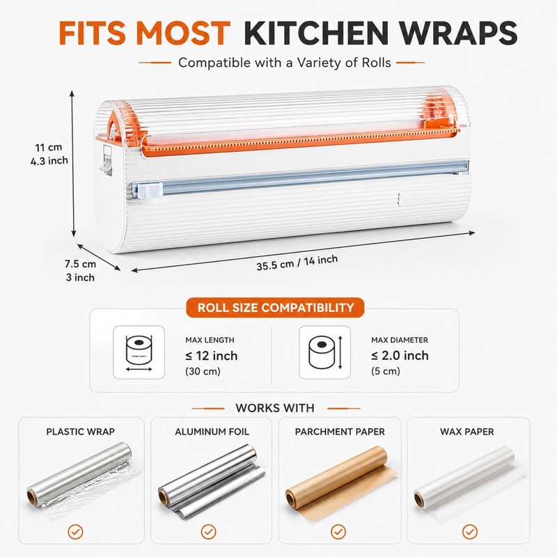 Refillable Magnetic Plastic Wrap Dispenser with Cutter, 2 in 1