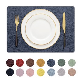 Romanstile Vinyl Placemats Set of 6-12 X 18 Inch - Heat Resistant Non-Slip Embossed Floral Place Mats 100% Waterproof Oilproof Wipeable Faux Leather Table Mats for Kitchen/Dining/Party, Navy Blue