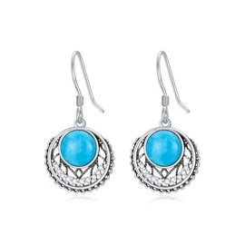Boho Style Blue Turquoise Hook Earrings 925 Sterling Silver for Women