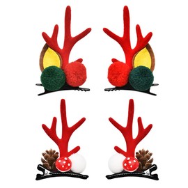 Reindeer Antlers Hairpins for Girls Red Christmas Hair Clip for Women 2Pcs Cute Deer Antlers Hair Pin Barrettes for Toddler Girls with Pine Cone Furry Balls Elk Antler Headpiece for Kids Adults