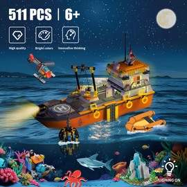 AKWME City Ocean Explorer Ship Building Set, Exploration Boat Set Toy Building Block with LED Lights, Helicopter, Submarine and Shark Cage, Birthday Gifts for 6 8 10 12 Years Old Boys Kids Girls