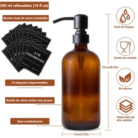 OYEWRK Dispensador de jabón de Vidrio, Dispensadores de champú de Espuma Recargables de Acero Inoxidable con 12 Etiquetas Impermeables, 16 oz (500 ml), dispensadores de jabón de baño (ámbar)