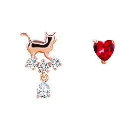 K.L.Y Earrings, Women's Cat Earrings, Studs, 925 Sterling Silver, CZ Zirconia, Cat, Popular Earrings, Birthday Gift, (Pink Gold Asymmetric) -