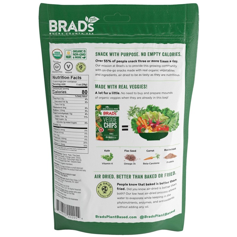 Brad's Plant Based Organic Veggie Chips, Kale, 3 Bags,9 Servings