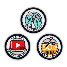 Winks for Days Adult Merit Badge Embroidered Iron-On Patches (Achievements - Set 2) - Includes Three (3) 2" Patches: Learned Something New, Did It Myself, and Used a Coupon