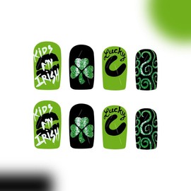 24Pcs St Patrick's Day Press on Nails Short Square Green Black Fake Nails with Letter Shamrocks Designs Stick on Nails Cover Acrylic False Nails for Women Girls Manicure Accessories