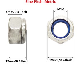 5Pcs M12 x 1.5mm Metric Fine Thread Nylon Insert Lock Nuts,304 Stainless Steel Lock Nut Non-Slip Lock Nut Nylon Self-Locking Nut.