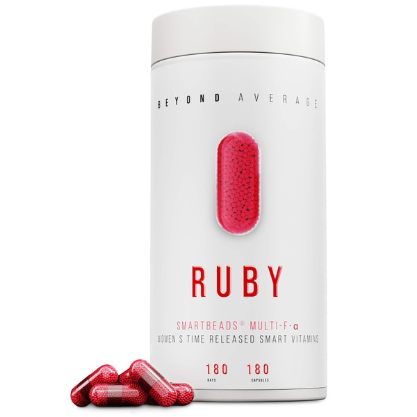 Beyond Average RUBY Time-Released 24h Multivitamin and Multiminal Support for Women 180 Smartbeads Multi-F-Alpha Capsules Laboratory Tested Developed and Developed Made in Germany.