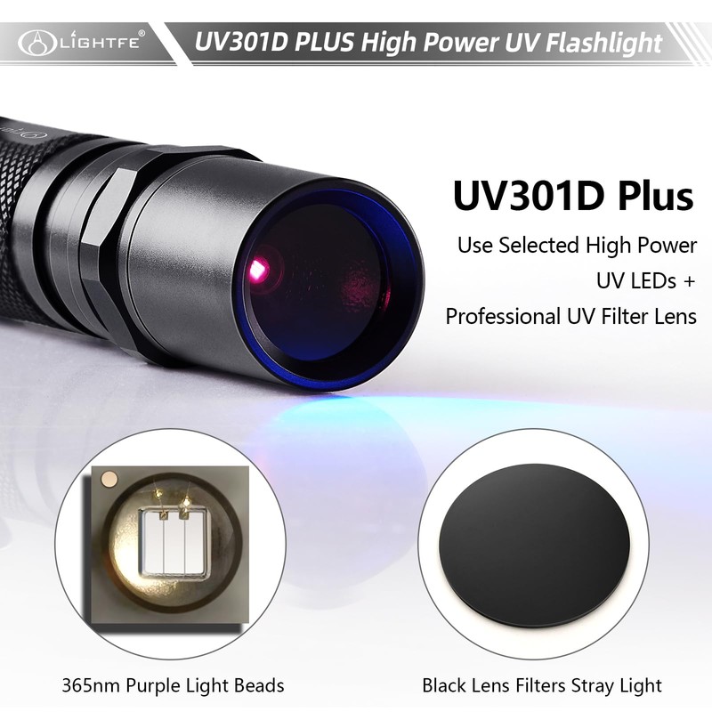 LIGHTFE Black Light 365nm UV Flashlight UV301D-Plus-1, high-Power UV LED,