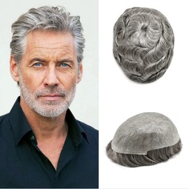 Toupee For Men Hair Piece Real Human Hair Ultra Thin Skin Hair Replacement System Mens Toupee Hair Pieces V-loop Hair Prosthesis For Men (8x10''-90% light density, #380 3# DARK BROWN+80% GREY)