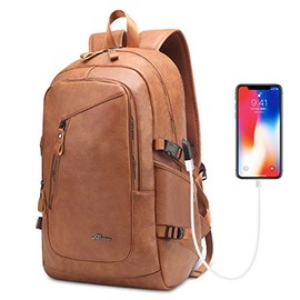 Vegan Leather Laptop Backpack for Women and Men, PU Vintage School Travel Daypacks with USB Charging Port 15.6 Inch Laptop