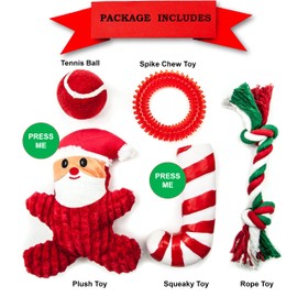 5 PACK Pet Toys Gifts Dog Dog Christmas STOCKING Dog Gifts | Dog Chew Toy Plush Rope Spike Squeaky Tennis Ball | Christmas Dog Toys (Red, (Pack of 5))