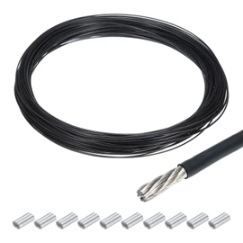 QUARKZMAN 100 ft (30 m) Wire Rope 304 Stainless Steel Cable 3/64 Inch (1 mm) Vinyl Coated with 10 Pieces Aluminium Sleeves for Hanging Washing Lines Lifting Black