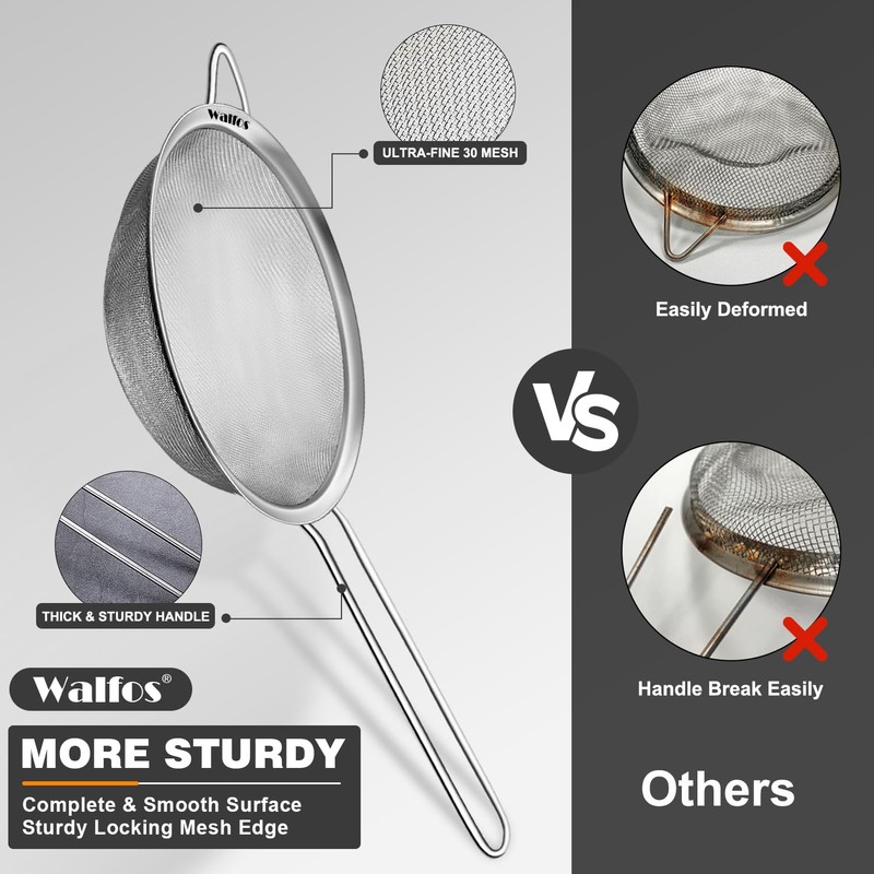 Walfos Fine Mesh Strainer 4PCS, Versatile Kitchen Strainer with Handle