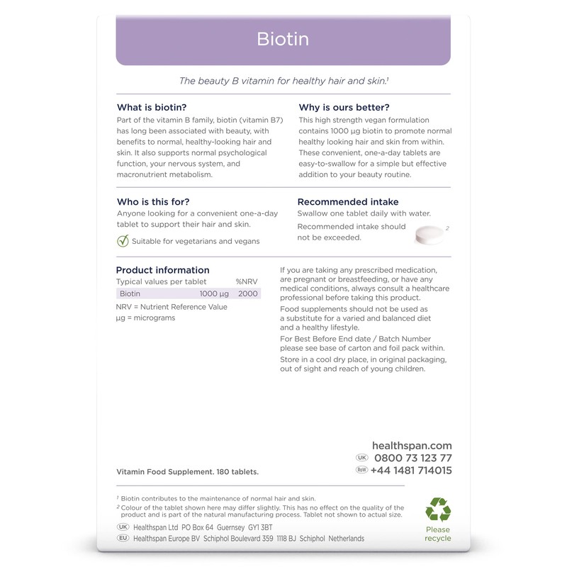 Healthspan Biotin 1,000μg (6 Months Supply) | Vitamin B for