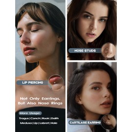 Flat Back Earrings Stud G23 Titanium Threadless Piercing Kit - Cartilage Earrings for Women Men - Hypoallergenic Tragus|Conch|Rook|Daith|Medusa|Lip|Labret|Nose Piercings Jewelry 4PCS Gold 16G