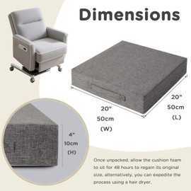 AddGrace Recliner Cushions for Elderly Thick Seat Cushion 20"x20"x4" Chair Pads with Non Slip Backing and Washable Cover for Couch Armchair Chairs Light Grey