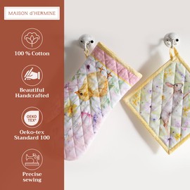 Maison d'Hermine 100% Cotton Oven Mitt & Pot Holder Set (7.5"x13" & 8"x8") Heat-Resistant Kitchen Cooking, Baking & BBQ- Soft, Easy to Use - Gifts for Mothers Day Spring/Summer (Easter Zest)